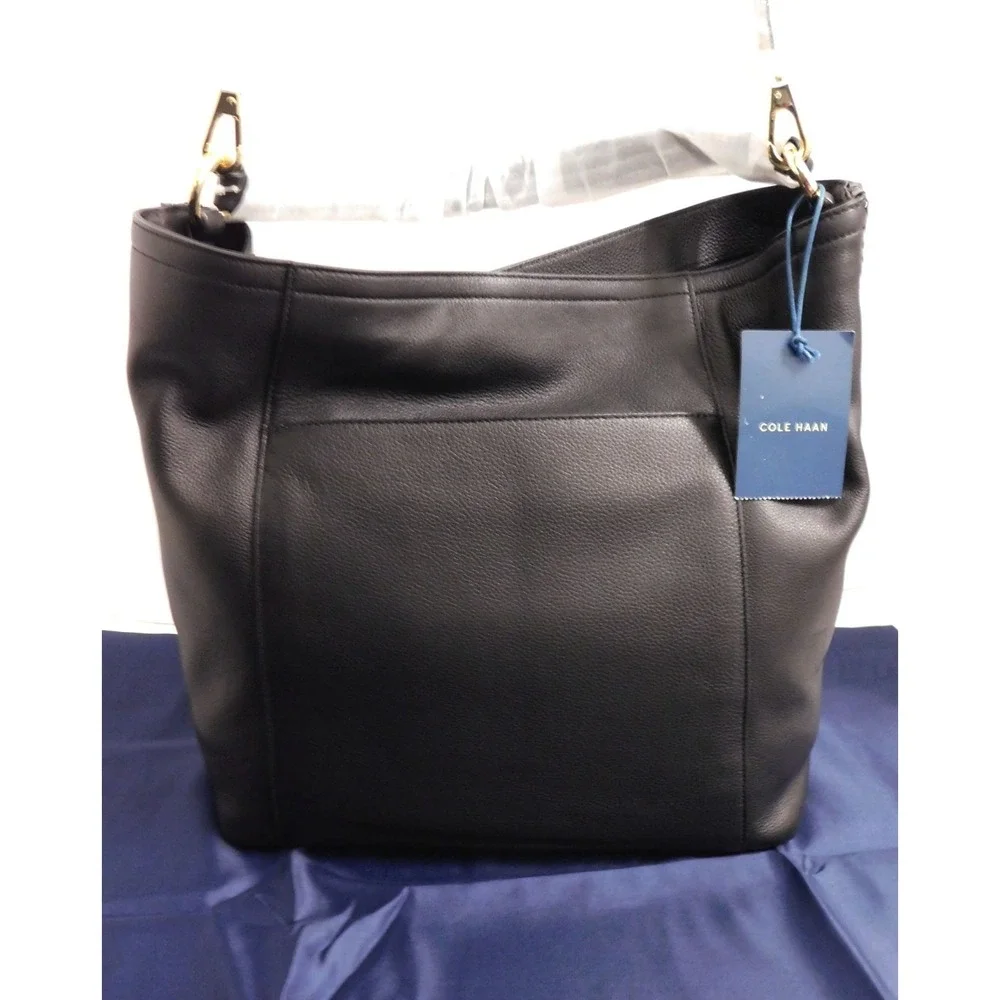 New Cole Haan Nickson‎ Black Leather Double Strap Hobo Bag